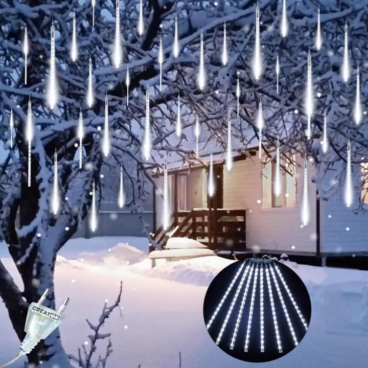 Instalatie De Craciun GREATON Tip Meteoriti Luminosi, 144 LED SMD, Alb Rece, Lungime Turturi 50 cm, Interconectabila, Lungime 2 m