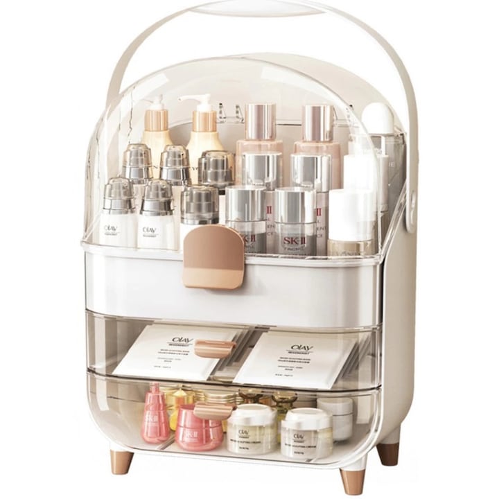 Cutie organizatoare cosmetice si bijuterii, alba, acril de calitate, doua sertare, capac transparent, aspect exclusivist, dimensiuni 38x27x18 cm