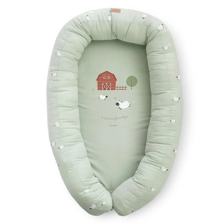 Suport de dormit Babynest 2in1 bara protectie patut Premium Bumbac, Funny Farm 95x65x18 cm