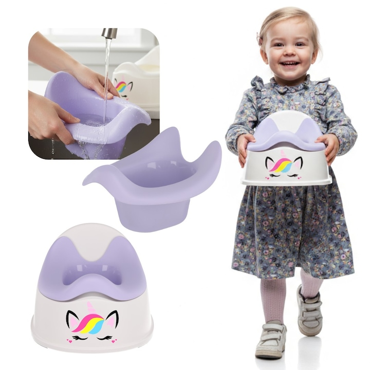 Бебешка тоалетна седалка Sun Baby, с подвижна вложка и стикери Еднорог, лилаво-бяла