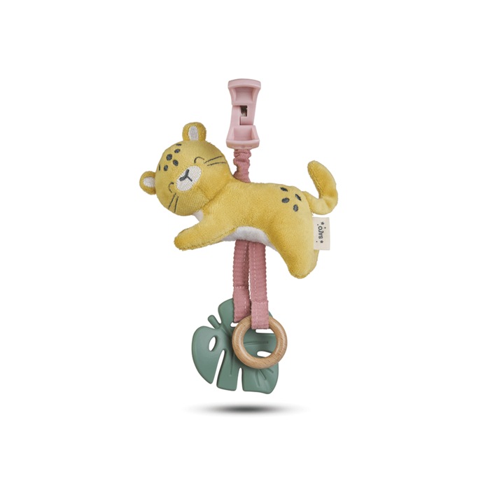 Jucarie zornaitoare din plus, parte din silicon pentru dentitie, agatatoare, hartie fosnitoare, design "Jungle Party" Ghepard