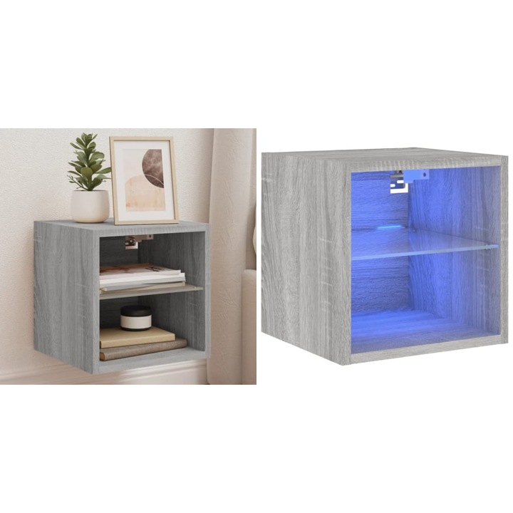 Comoda TV de perete cu lumini LED, gri sonoma 30x28, 5x30 cm