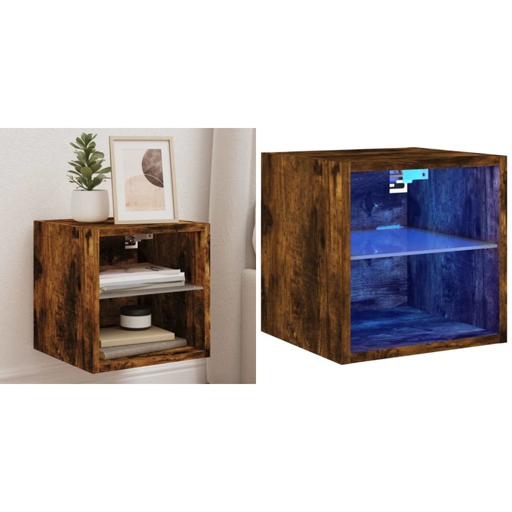 Comoda TV de perete cu lumini LED, stejar fumuriu 30x28, 5x30 cm