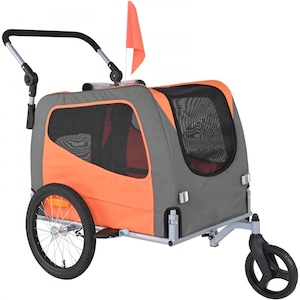 Remorca biciclete, transport pentru caini, Model 2 in 1, Capacitate 30 kg, Cadru pliabil usor, Cuplaj universal, Culoare portocaliu/gri