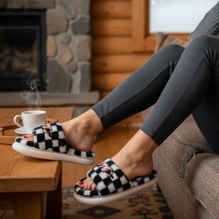 Papuci de casa pufosi, model in carouri H15negru 121990, Negru, 38-39