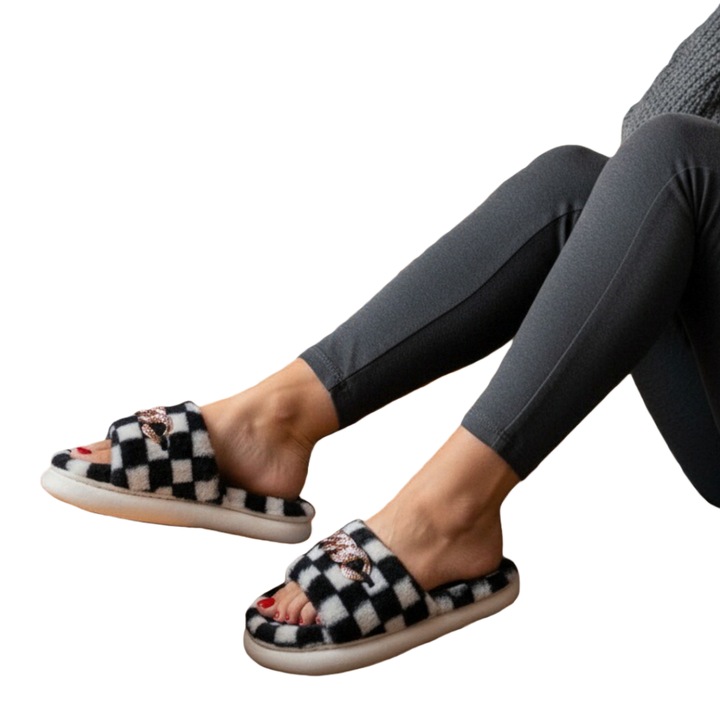 Пухкави домашни пантофи, кариран модел H15negru 121990, Черен, 36-37