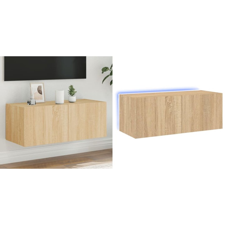 Comoda TV de perete cu lumini LED, stejar sonoma, 80x35x31 cm