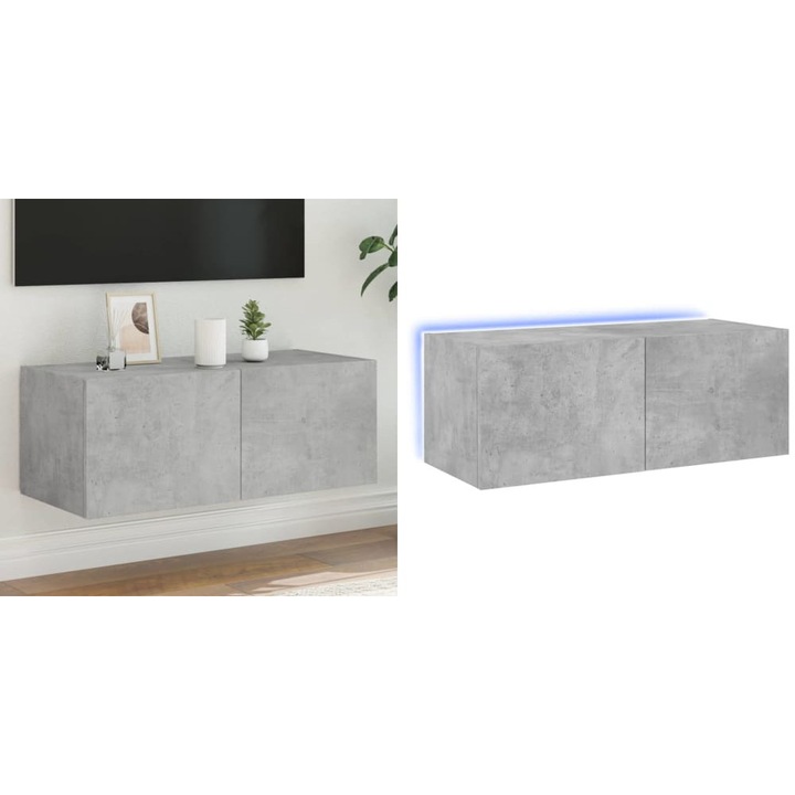 Comoda TV de perete cu lumini LED, gri beton, 80x35x31 cm