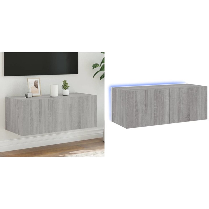 Comoda TV de perete cu lumini LED, gri sonoma, 80x35x31 cm