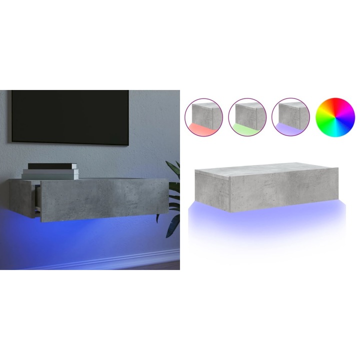 Comoda TV cu lumini LED, gri beton, 60x35x15, 5 cm