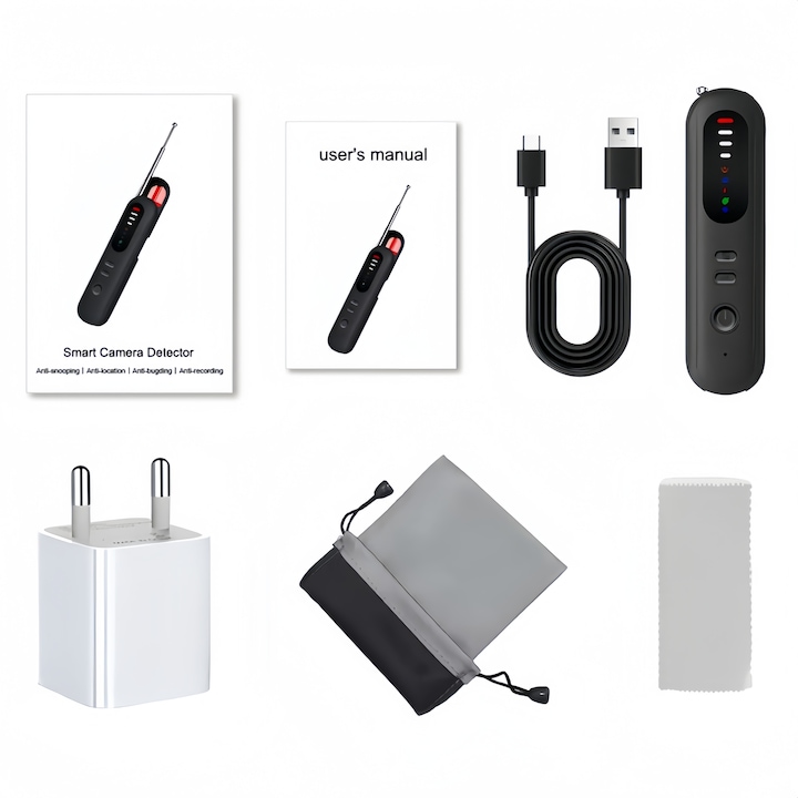 Детектор за скрити камери, инфрачервен скенер, Детектор за сигнал за местоположение против подслушване, Подходящ за GPS проследяващи устройства/подслушване, Преносим и презареждаем, С вибрационна аларма, Подходящ за пътуване, хотел, дом, черен