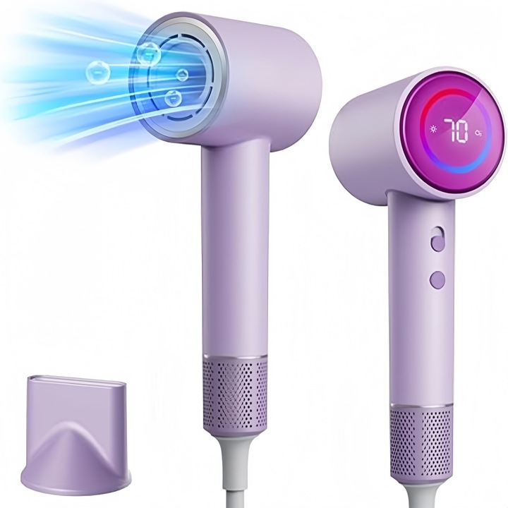 Сешоар с безчетков високоскоростен мотор, 110 000 об/мин, освобождава 200 милиона отрицателни йона, мощен въздушен поток от 1400 вата, ниско ниво на шум, контрол на температурата, магнитна концентрираща дюза, LED светлинен пръстен в три цвята, лилав