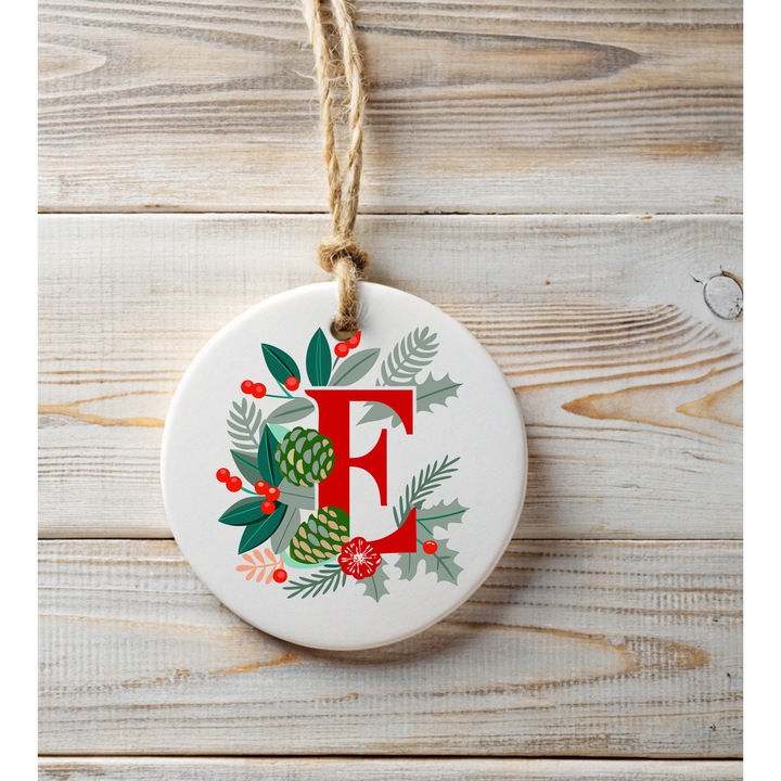 Ornament de craciun din ceramica cu litera E, initiala numelui cu motive de Craciun, decoratiune pentru brad, idee cadou de craciun, rosu si verde