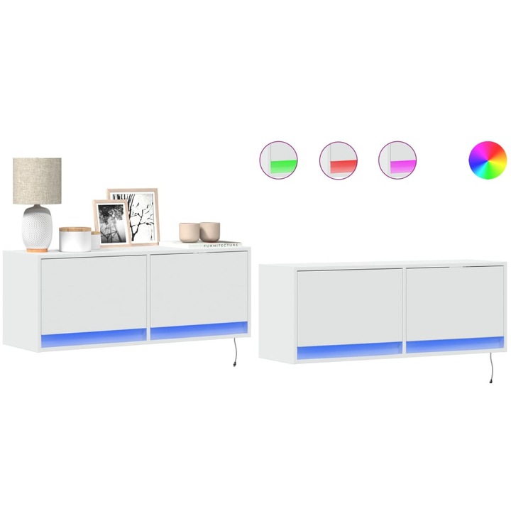Comoda TV de perete cu lumini LED, alb, 100x31x38 cm