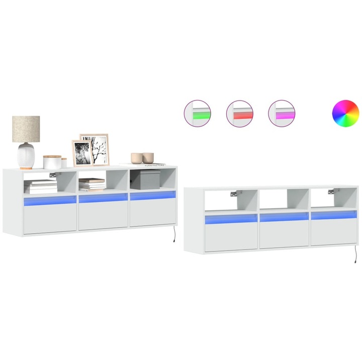 Comoda TV de perete cu lumini LED, alb, 130x31x45 cm
