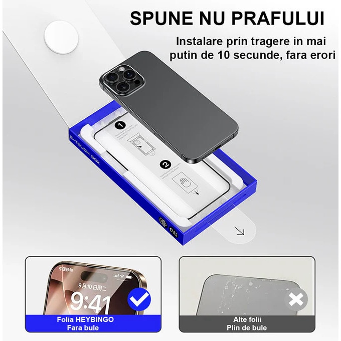 Folie Telefon HD Compatibila cu iPhone 17 PRO MAX, HEYBINGO, E-Touch Box, 2 Buc, din Sticla Securizata Duritate 9H, Cu Kit de Aplicare Instanta si Functie Automata de Indepartare a Prafului, Rezistenta la zgarieturi, Protectie Ecran Premium