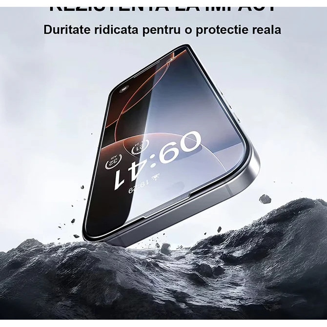 Folie Telefon Privacy iPhone 17 HEYBINGO, E-Touch Box, 2 Buc, din Sticla Securizata Duritate 9H, Cu Kit de Aplicare Instanta si Functie Automata de Indepartare a Prafului, Rezistenta la zgarieturi, Nu lasa amprente