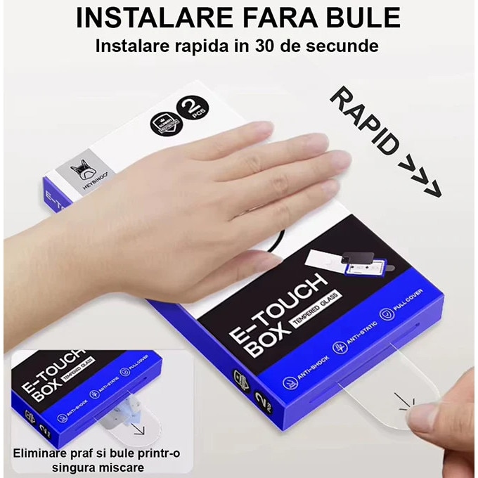Folie Telefon HD Compatibila cu iPhone 17 PRO MAX, HEYBINGO, E-Touch Box, 2 Buc, din Sticla Securizata Duritate 9H, Cu Kit de Aplicare Instanta si Functie Automata de Indepartare a Prafului, Rezistenta la zgarieturi, Protectie Ecran Premium