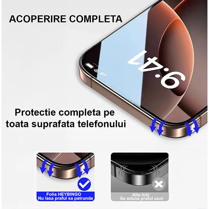 Folie Telefon HD Compatibila cu iPhone 17 PRO MAX, HEYBINGO, E-Touch Box, 2 Buc, din Sticla Securizata Duritate 9H, Cu Kit de Aplicare Instanta si Functie Automata de Indepartare a Prafului, Rezistenta la zgarieturi, Protectie Ecran Premium