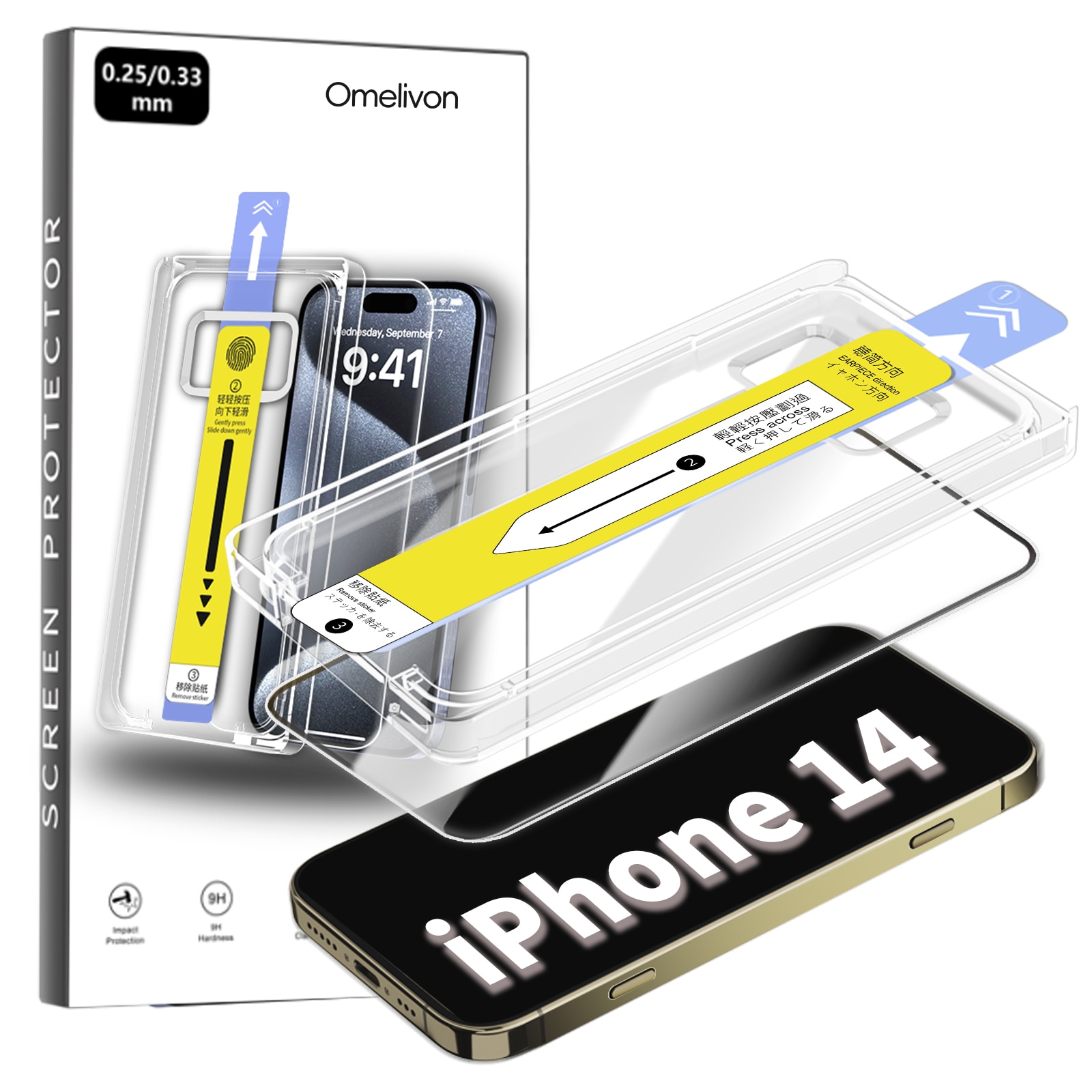 Folie de Protectie pentru iPhone 14, Omelivon, Sticla Securizata, Full Cover, Margini negre, cu Kit de Aplicare Instanta si Functie Automata de Indepartare a Prafului, Duritate 9H, Ultra HD, Anti Amprente