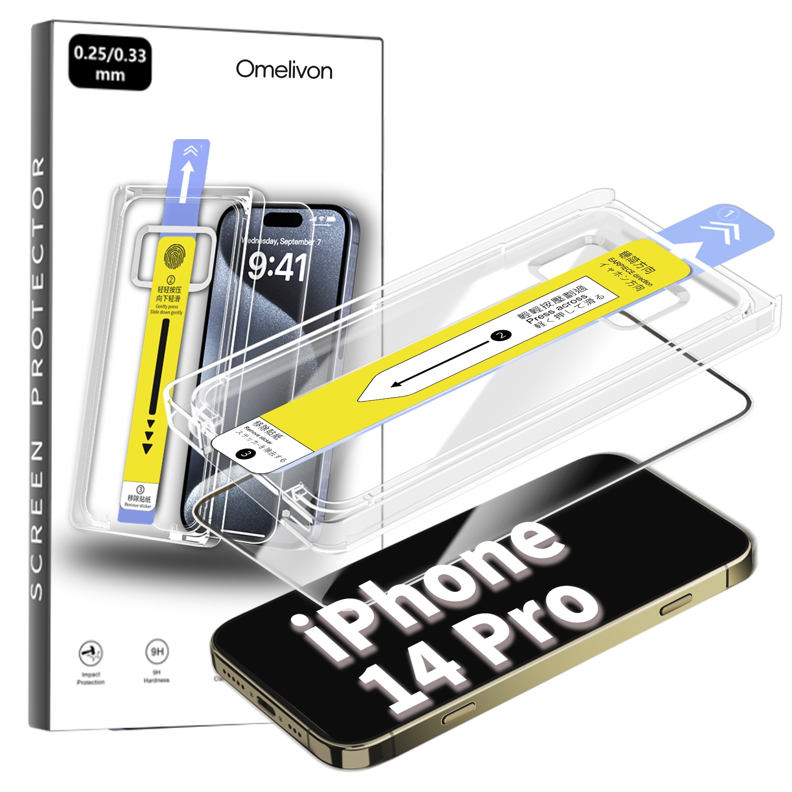 Folie de Protectie pentru iPhone 14 Pro, Omelivon, Sticla Securizata, Full Cover, Margini negre, cu Kit de Aplicare Instanta si Functie Automata de Indepartare a Prafului, Duritate 9H, Ultra HD, Anti Amprente