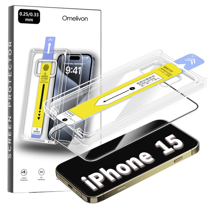 Folie de Protectie pentru iPhone 15, Omelivon, Sticla Securizata, Full Cover, Margini negre, cu Kit de Aplicare Instanta si Functie Automata de Indepartare a Prafului, Duritate 9H, Ultra HD, Anti Amprente