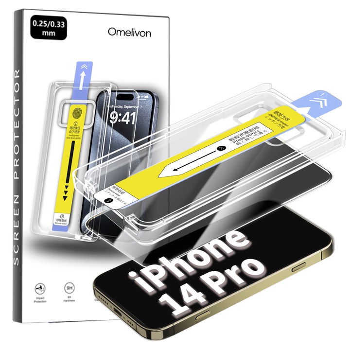 Folie de Protectie Privacy pentru iPhone 14 Pro, Omelivon, Sticla Securizata, cu Kit de Aplicare Instanta si Functie Automata de Indepartare a Prafului, Duritate 9H, Ultra HD, advanced touch sensitivity, Anti Amprente