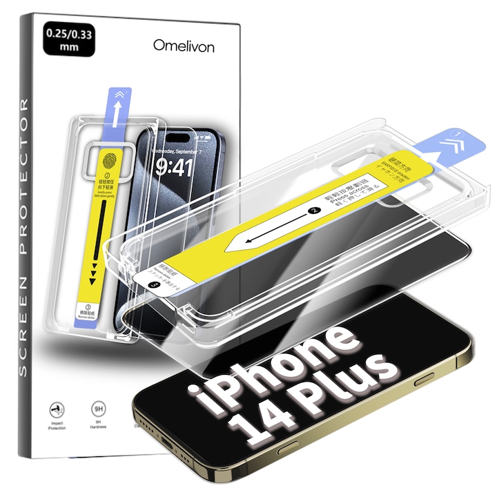 Folie de Protectie Privacy pentru iPhone 14 Plus, Omelivon, Sticla Securizata, cu Kit de Aplicare Instanta si Functie Automata de Indepartare a Prafului, Duritate 9H, Ultra HD, advanced touch sensitivity, Anti Amprente