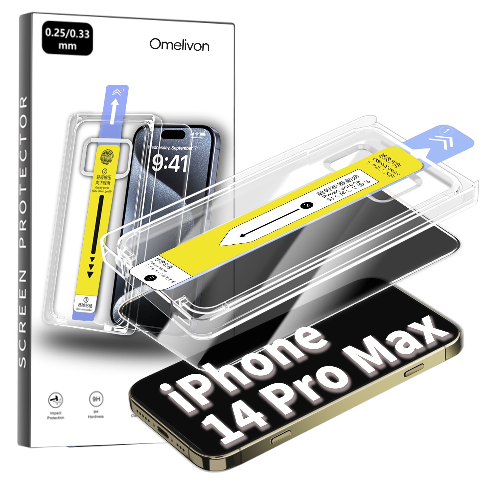 Folie de Protectie Privacy pentru iPhone 14 Pro Max, Omelivon, Sticla Securizata, cu Kit de Aplicare Instanta si Functie Automata de Indepartare a Prafului, Duritate 9H, Ultra HD, advanced touch sensitivity, Anti Amprente