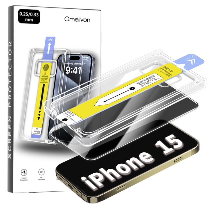 Folie de Protectie Privacy pentru iPhone 15, Omelivon, Sticla Securizata, cu Kit de Aplicare Instanta si Functie Automata de Indepartare a Prafului, Duritate 9H, Ultra HD, advanced touch sensitivity, Anti Amprente