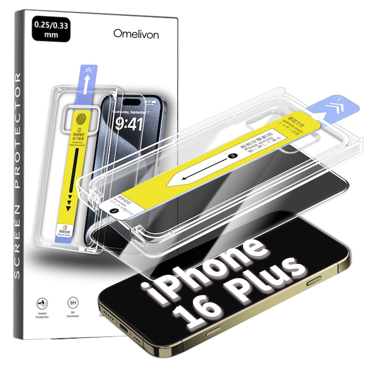 Folie de Protectie Privacy pentru iPhone 16 Plus, Omelivon, Sticla Securizata, cu Kit de Aplicare Instanta si Functie Automata de Indepartare a Prafului, Duritate 9H, Ultra HD, advanced touch sensitivity, Anti Amprente