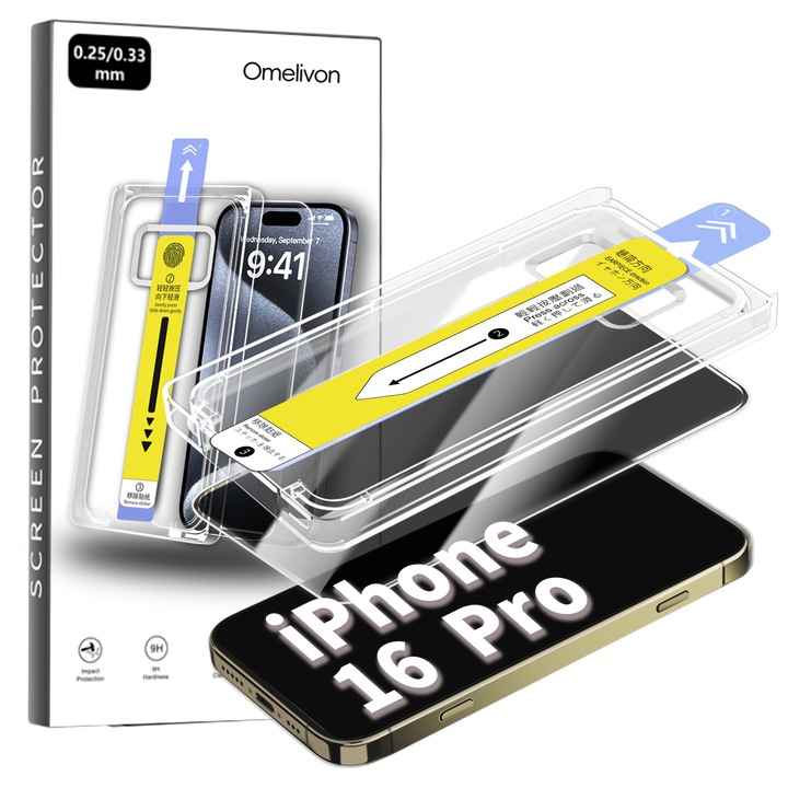 Folie de Protectie Privacy pentru iPhone 16 Pro, Omelivon, Sticla Securizata, cu Kit de Aplicare Instanta si Functie Automata de Indepartare a Prafului, Duritate 9H, Ultra HD, advanced touch sensitivity, Anti Amprente