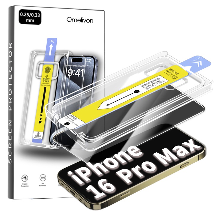Folie de Protectie Privacy pentru iPhone 16 Pro Max, Omelivon, Sticla Securizata, cu Kit de Aplicare Instanta si Functie Automata de Indepartare a Prafului, Duritate 9H, Ultra HD, advanced touch sensitivity, Anti Amprente