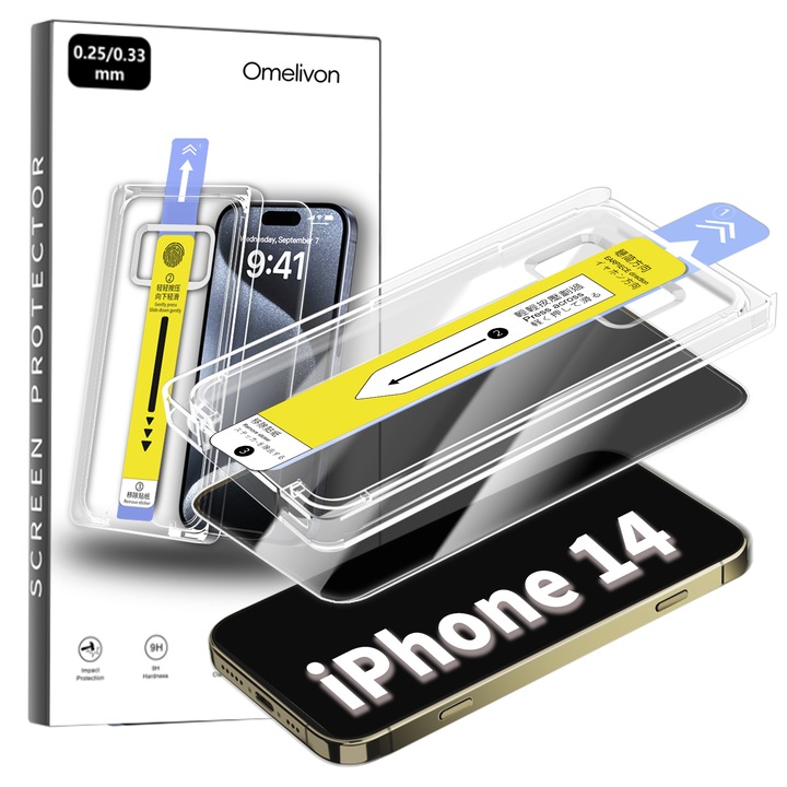 Folie de Protectie Privacy pentru iPhone 14, Omelivon, Sticla Securizata, Full Cover, Margini negre, cu Kit de Aplicare Instanta si Functie Automata de Indepartare a Prafului, Duritate 9H, Ultra HD, advanced touch sensitivity, Anti Amprente