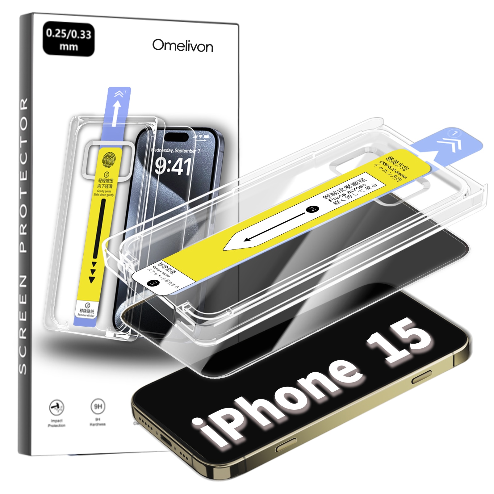 Folie de Protectie Privacy pentru iPhone 15, Omelivon, Sticla Securizata, Full Cover, Margini negre, cu Kit de Aplicare Instanta si Functie Automata de Indepartare a Prafului, Duritate 9H, Ultra HD, advanced touch sensitivity, Anti Amprente