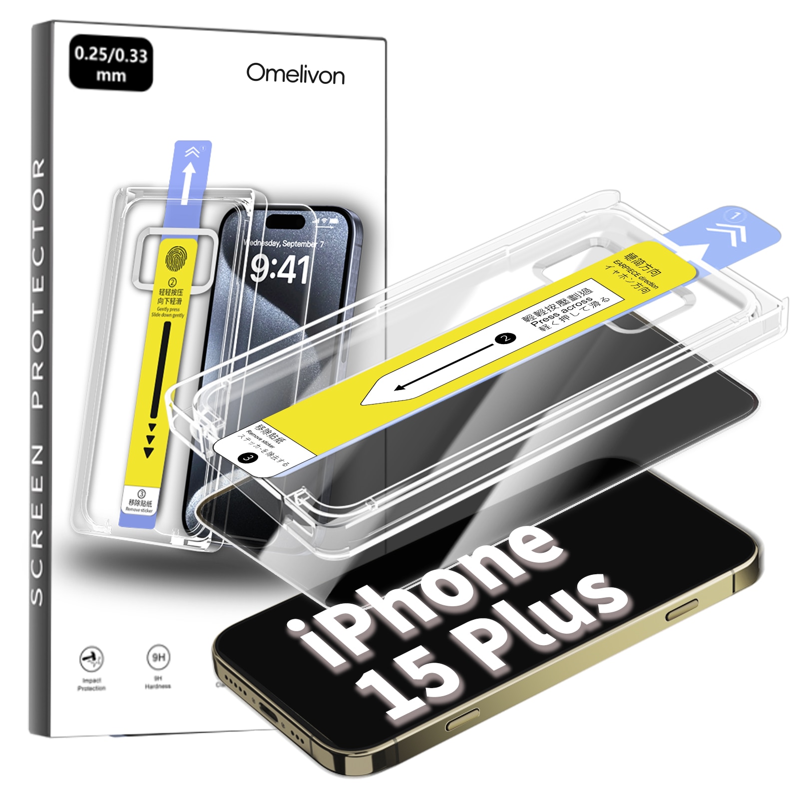 Folie de Protectie Privacy pentru iPhone 15 Plus, Omelivon, Sticla Securizata, Full Cover, Margini negre, cu Kit de Aplicare Instanta si Functie Automata de Indepartare a Prafului, Duritate 9H, Ultra HD, advanced touch sensitivity, Anti Amprente