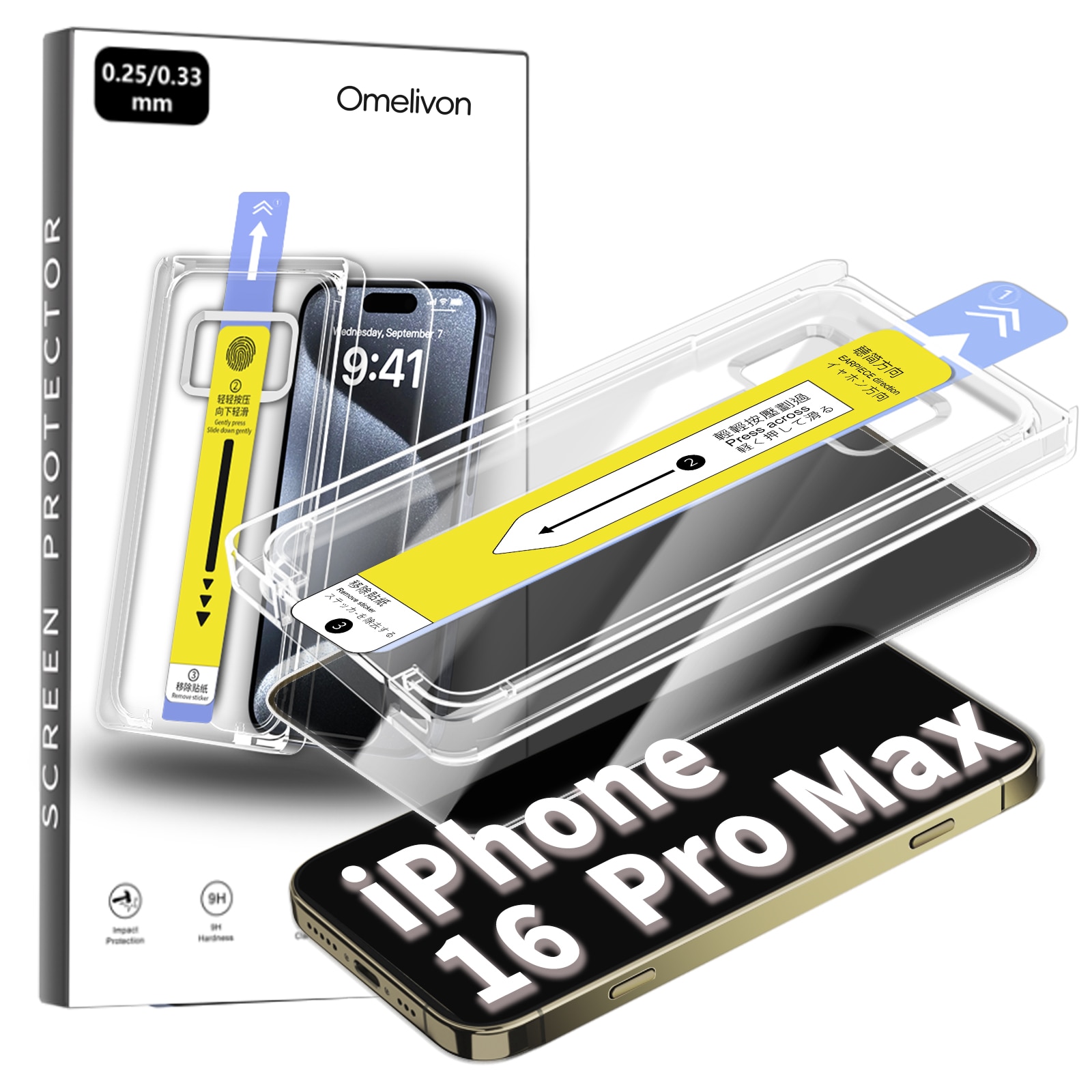 Folie de Protectie Privacy pentru iPhone 16 Pro Max, Omelivon, Sticla Securizata, Full Cover, Margini negre, cu Kit de Aplicare Instanta si Functie Automata de Indepartare a Prafului, Duritate 9H, Ultra HD, advanced touch sensitivity, Anti Amprente