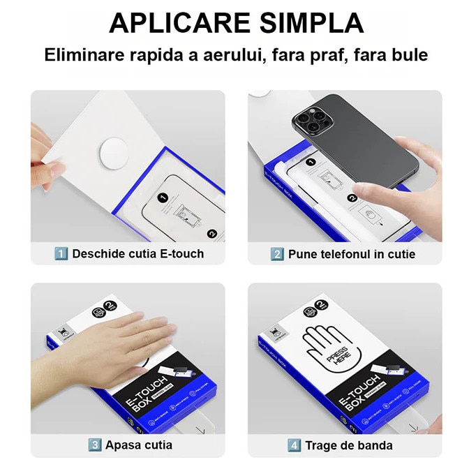 Folie Telefon HD Compatibila cu iPhone 17 PRO MAX, HEYBINGO, E-Touch Box, 2 Buc, din Sticla Securizata Duritate 9H, Cu Kit de Aplicare Instanta si Functie Automata de Indepartare a Prafului, Rezistenta la zgarieturi, Protectie Ecran Premium