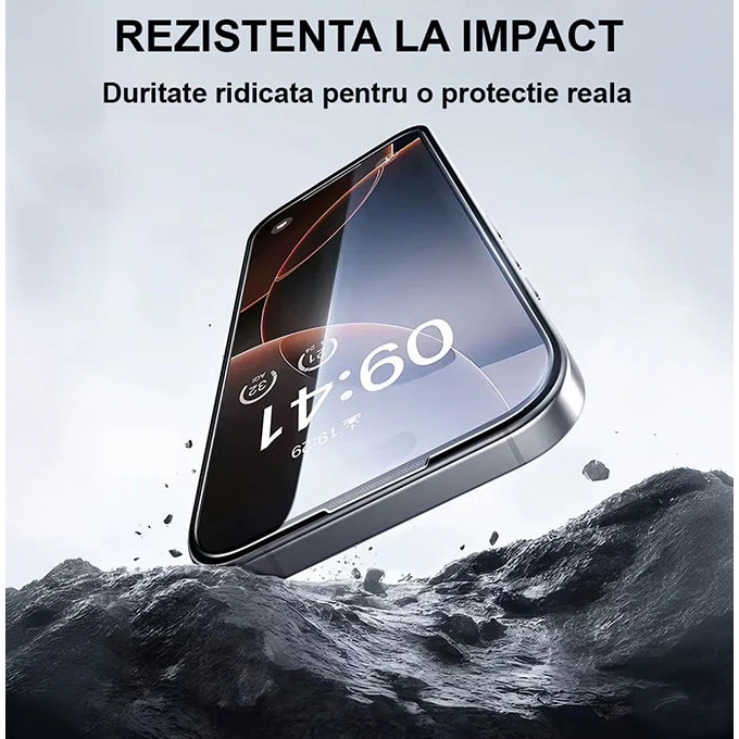 Folie Telefon HD Compatibila cu iPhone 17 PRO MAX, HEYBINGO, E-Touch Box, 2 Buc, din Sticla Securizata Duritate 9H, Cu Kit de Aplicare Instanta si Functie Automata de Indepartare a Prafului, Rezistenta la zgarieturi, Protectie Ecran Premium