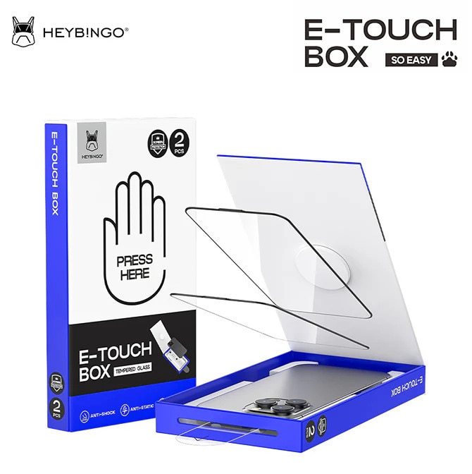 Folie Telefon HD Compatibila cu iPhone 17 PRO MAX, HEYBINGO, E-Touch Box, 2 Buc, din Sticla Securizata Duritate 9H, Cu Kit de Aplicare Instanta si Functie Automata de Indepartare a Prafului, Rezistenta la zgarieturi, Protectie Ecran Premium