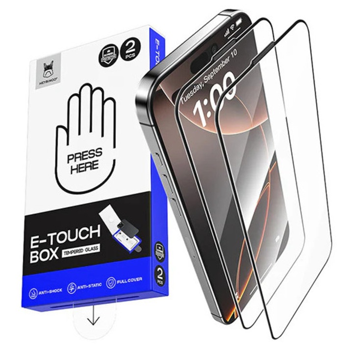 Folie Telefon HD Compatibila cu iPhone 17 PRO MAX, HEYBINGO, E-Touch Box, 2 Buc, din Sticla Securizata Duritate 9H, Cu Kit de Aplicare Instanta si Functie Automata de Indepartare a Prafului, Rezistenta la zgarieturi, Protectie Ecran Premium