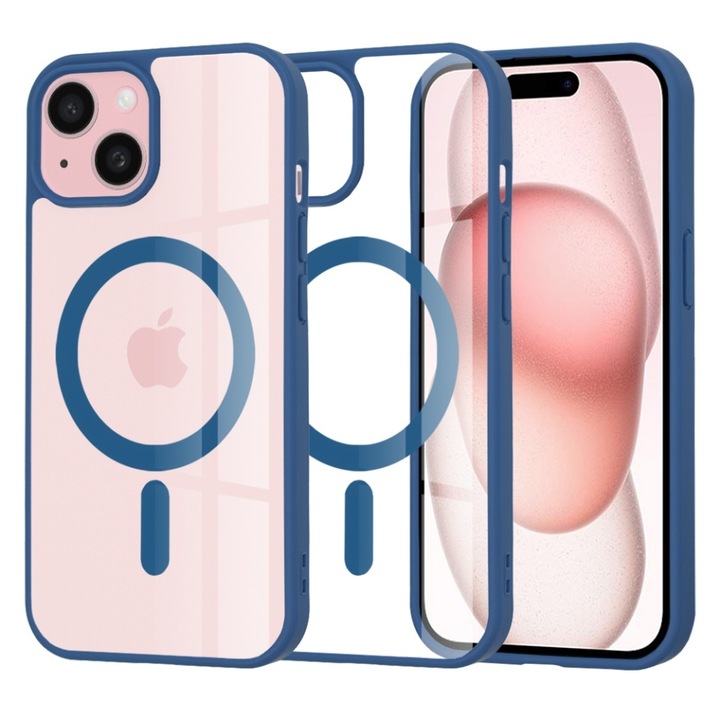 Husa pentru iPhone 15, Skyddar Innovation, MagSafe Pro, Albastru, set cu sticker 40x40mm