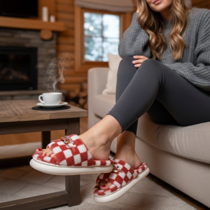 Papuci de casa pufosi, model in carouri H15roz 121996, Roz, 38-39