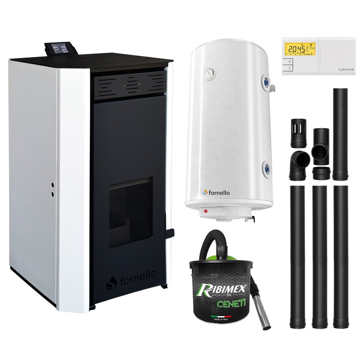 Pachet Termosemineu pe peleti Fornello EVA 25 kW, Alb, boiler 100L, control Wi-Fi