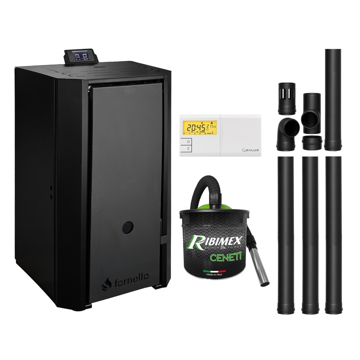 Centrala pe peleti Fornello EVA B, 25 kW, negru, set complet cu kit evacuare și aspirator cenusa