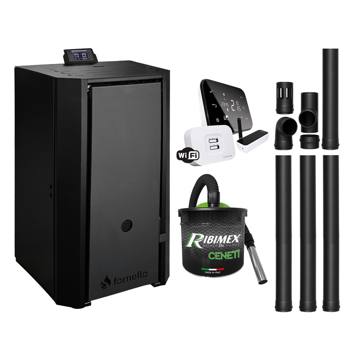 Centrala pe peleti Fornello EVA B, 25 kW, pompa circulatie, termostat Wi-Fi, negru, set complet