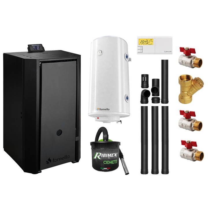 Set Centrala termică pe peleți Fornello EVA B Black 25 kW, boiler 100L, pompa circulație, Wi-Fi, ventilație forțată