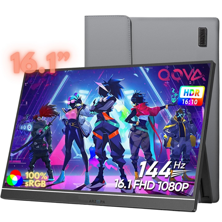 Преносим монитор ARZOPA 16.1 инча, 1920x1080, 144Hz, ултратънък, USB-C, с включен калъф