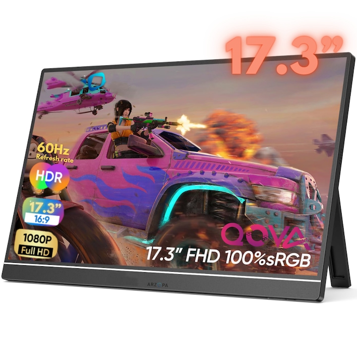Monitor Portabil de 17.3" inch - FHD, 100% sRGB, HDR 1920x1080, USB-C & Mini HDMI – Ecran Ultra-Subtire, 60Hz, Compatibil Laptop, Telefon, Consola, Dual Speaker, Gaming, Birou, Calatorii si Creativitate, Carcasa Metalica, Suport Integrat
