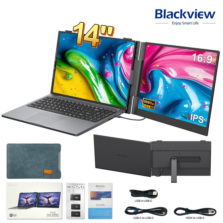 Monitor Extensibil de 14 inch Blackview, Afisaj FHD IPS pentru Laptopuri de 13"-17", Portabil cu Design Ultra Subtire, 1080p, port USB-C/HDMI, Ecran pentru Laptop, Gaming, Birou, Calatorii, Compatibil Windows/Mac/Linux/Switch/PS5, Plug & Play, Negru